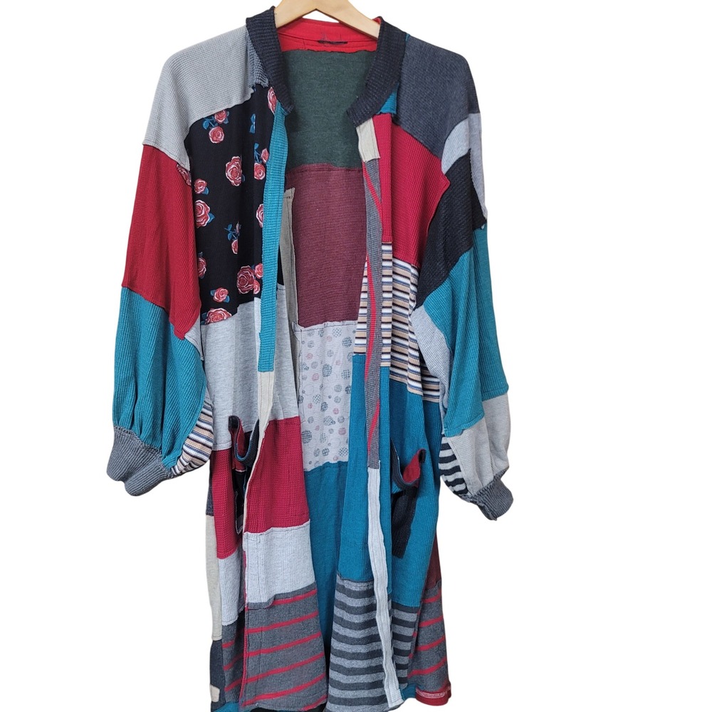 Unique Womens Patchwork Open Front Duster Cardigan Mixed Knit Floral Boho‎ Sz XL